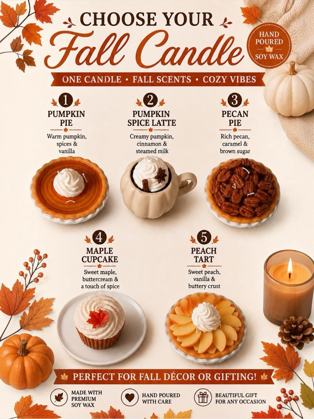 Fall candles pick 1, fall scents fun to watch. Pecan pie, muffin, peach pie, mug